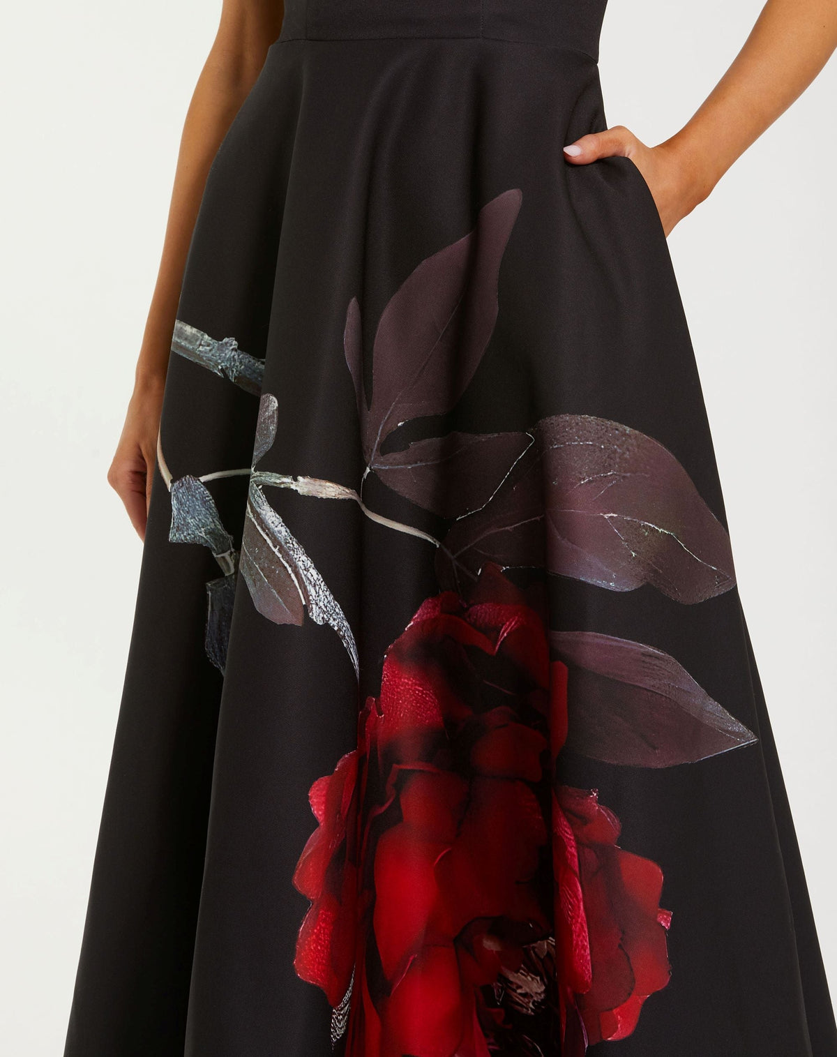 Mac Duggal Petite Black Printed Satin Strapless Midi Dress With Pockets