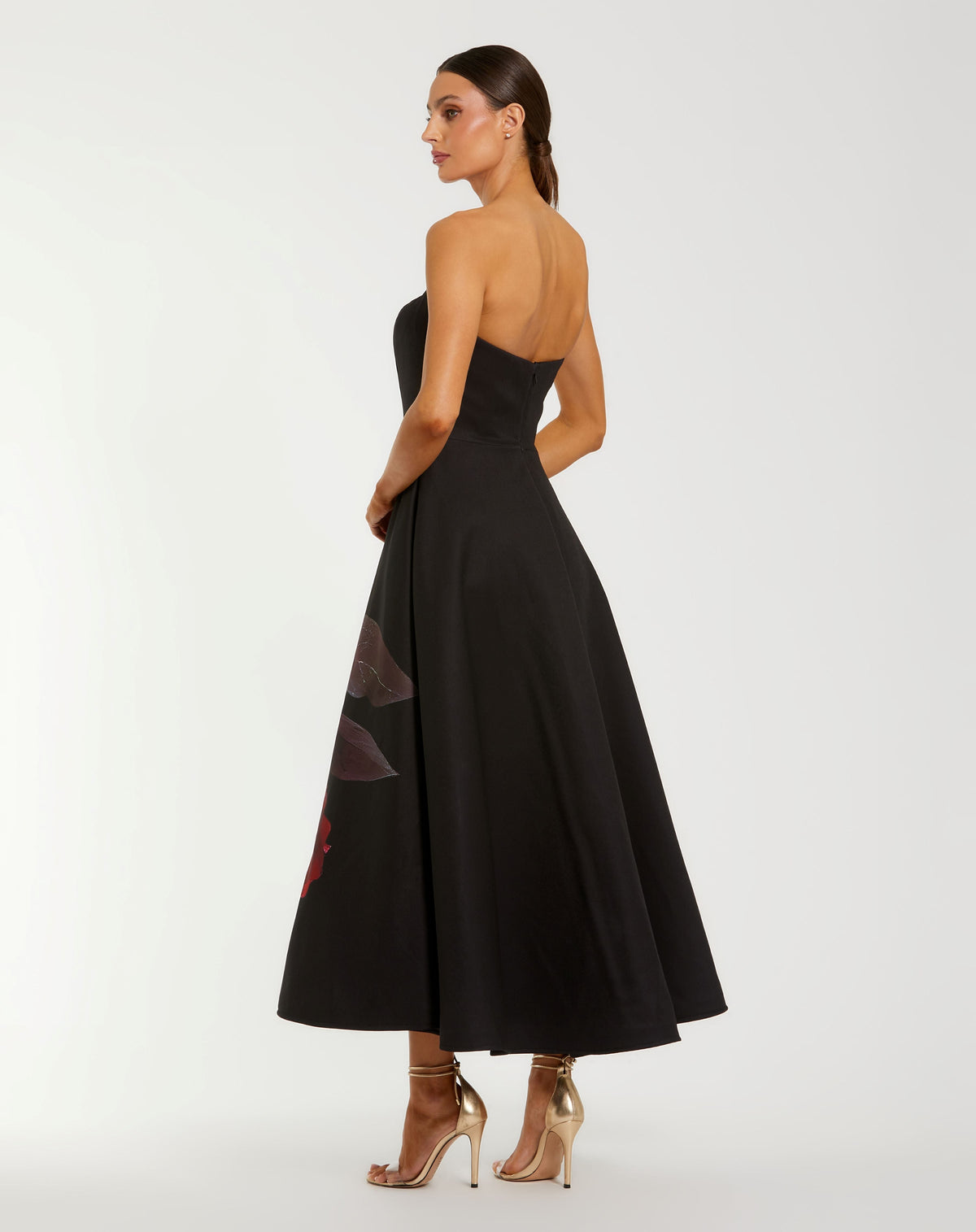 Mac Duggal Petite Black Printed Satin Strapless Midi Dress With Pockets
