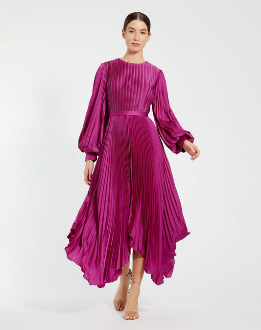 Mac Duggal Petite Purple Long Sleeve Pleated Charmeuse Handkerchief Dress