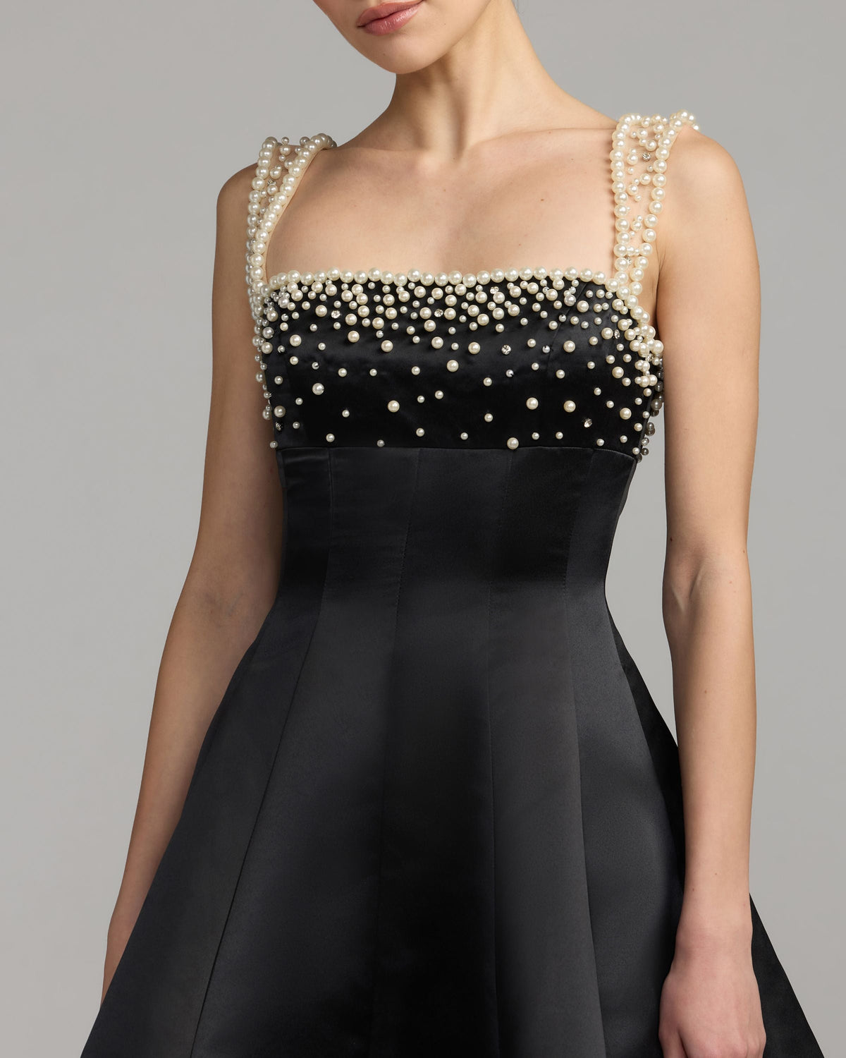 Mac Duggal Black Pearl Embellished Satin Mini Dress