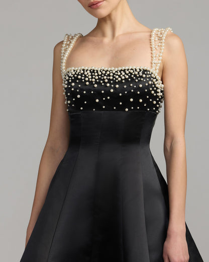 Mac Duggal Black Pearl Embellished Satin Mini Dress