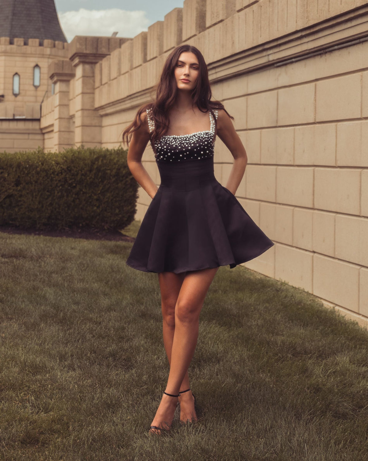 Mac Duggal Black Pearl Embellished Satin Mini Dress