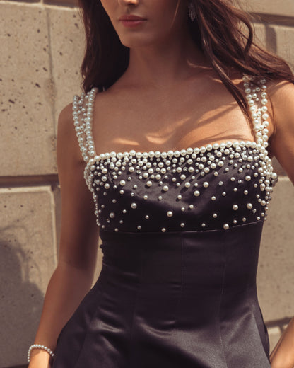 Mac Duggal Black Pearl Embellished Satin Mini Dress