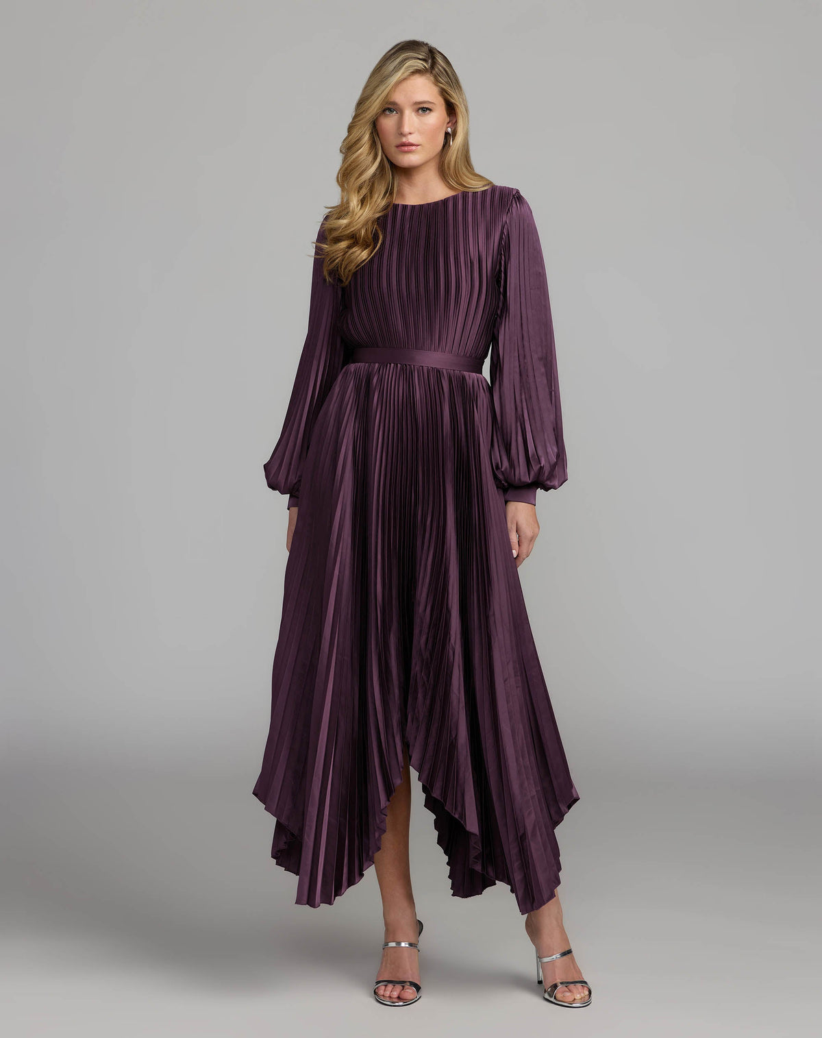 Mac Duggal Dark Purple Long Sleeve Pleated Charmeuse Handkerchief Dress