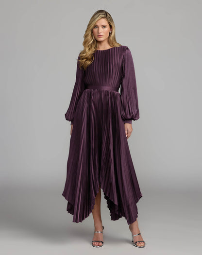Mac Duggal Dark Purple Long Sleeve Pleated Charmeuse Handkerchief Dress