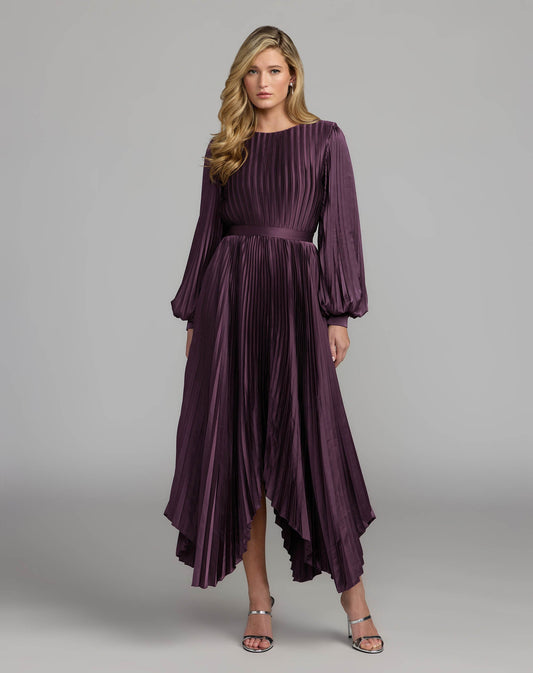 Mac Duggal Dark Purple Long Sleeve Pleated Charmeuse Handkerchief Dress