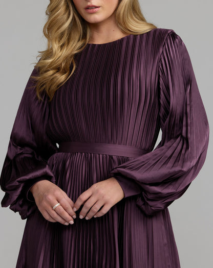 Mac Duggal Dark Purple Long Sleeve Pleated Charmeuse Handkerchief Dress