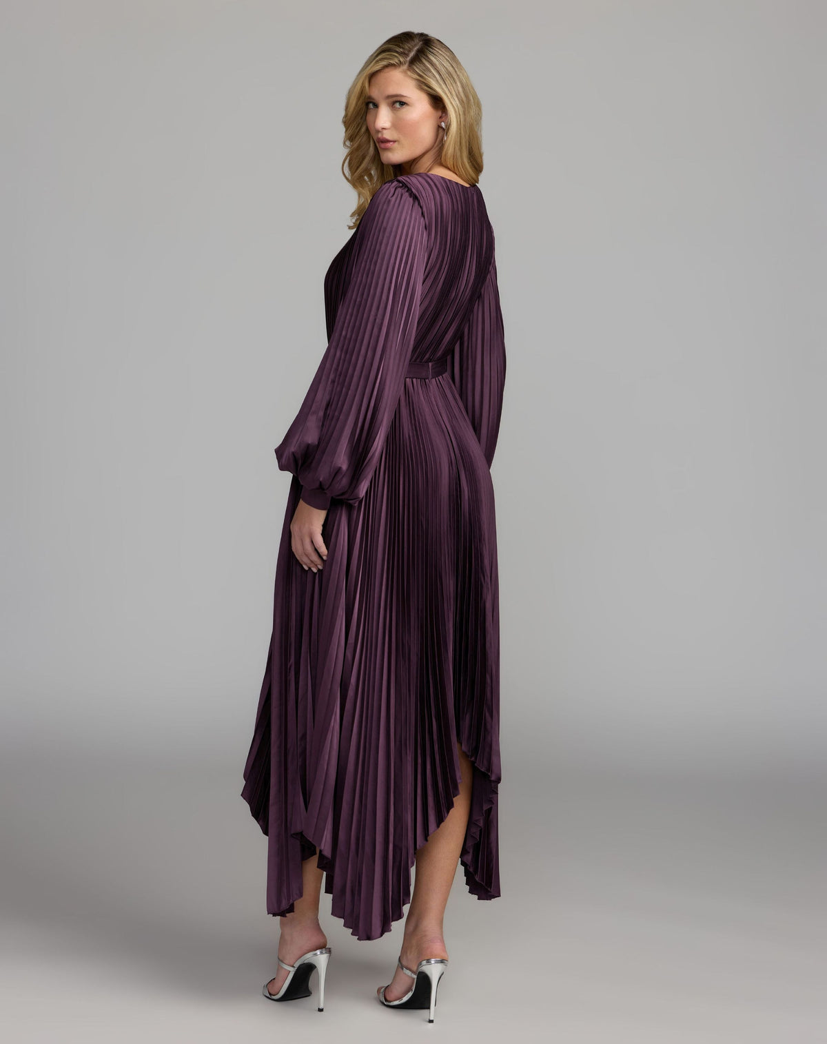 Mac Duggal Dark Purple Long Sleeve Pleated Charmeuse Handkerchief Dress