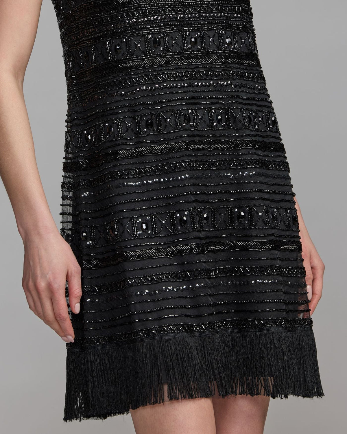 Mac Duggal Black Geometric Beaded Fringe Mini Dress