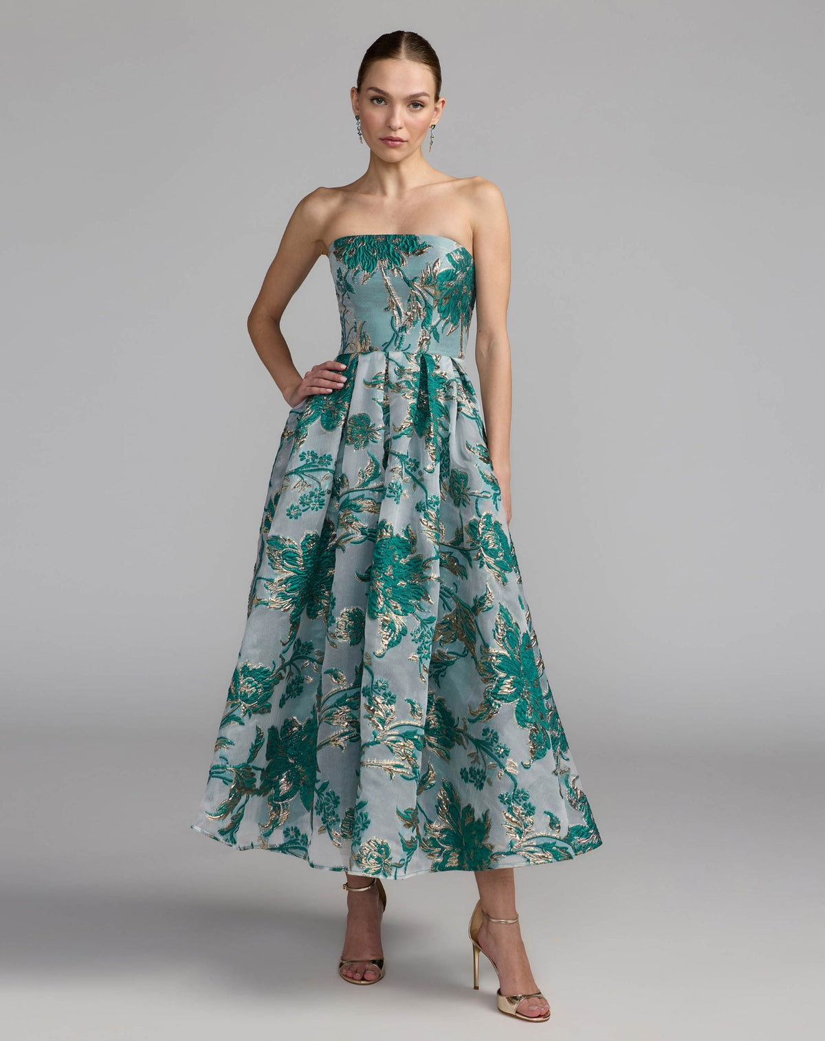 Mac Duggal Petite Teal Strapless Brocade Midi Dress with Pockets