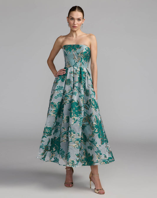 Mac Duggal Petite Teal Strapless Brocade Midi Dress with Pockets