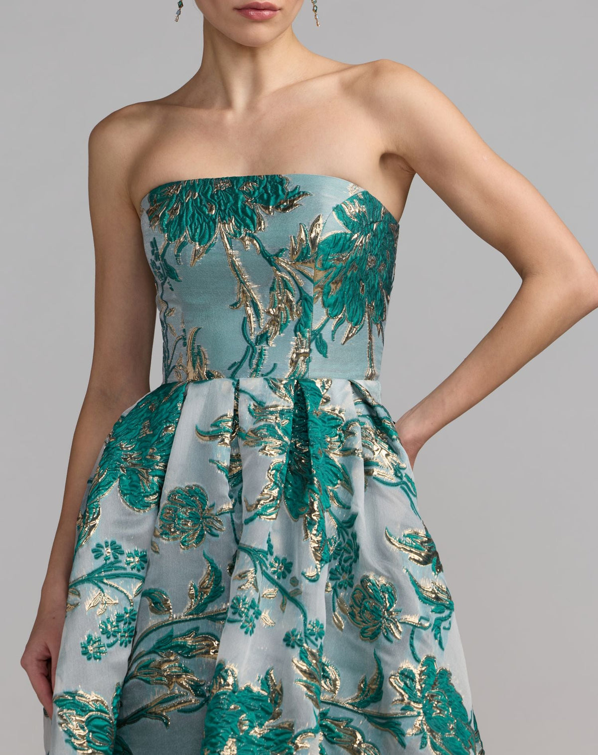Mac Duggal Petite Teal Strapless Brocade Midi Dress with Pockets