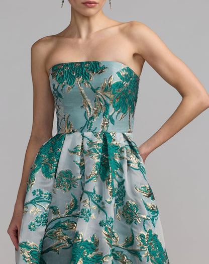 Mac Duggal Petite Teal Strapless Brocade Midi Dress with Pockets
