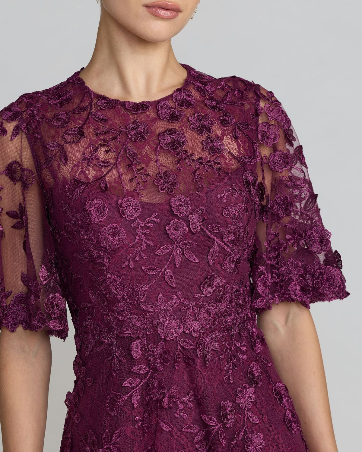 Mac Duggal Petite Purple Flutter Sleeve Embroidered Midi Dress