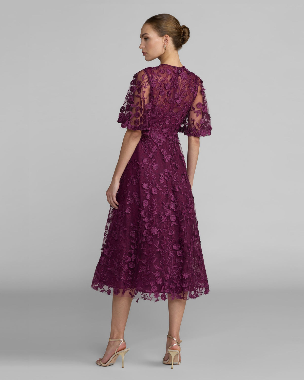 Mac Duggal Petite Purple Flutter Sleeve Embroidered Midi Dress