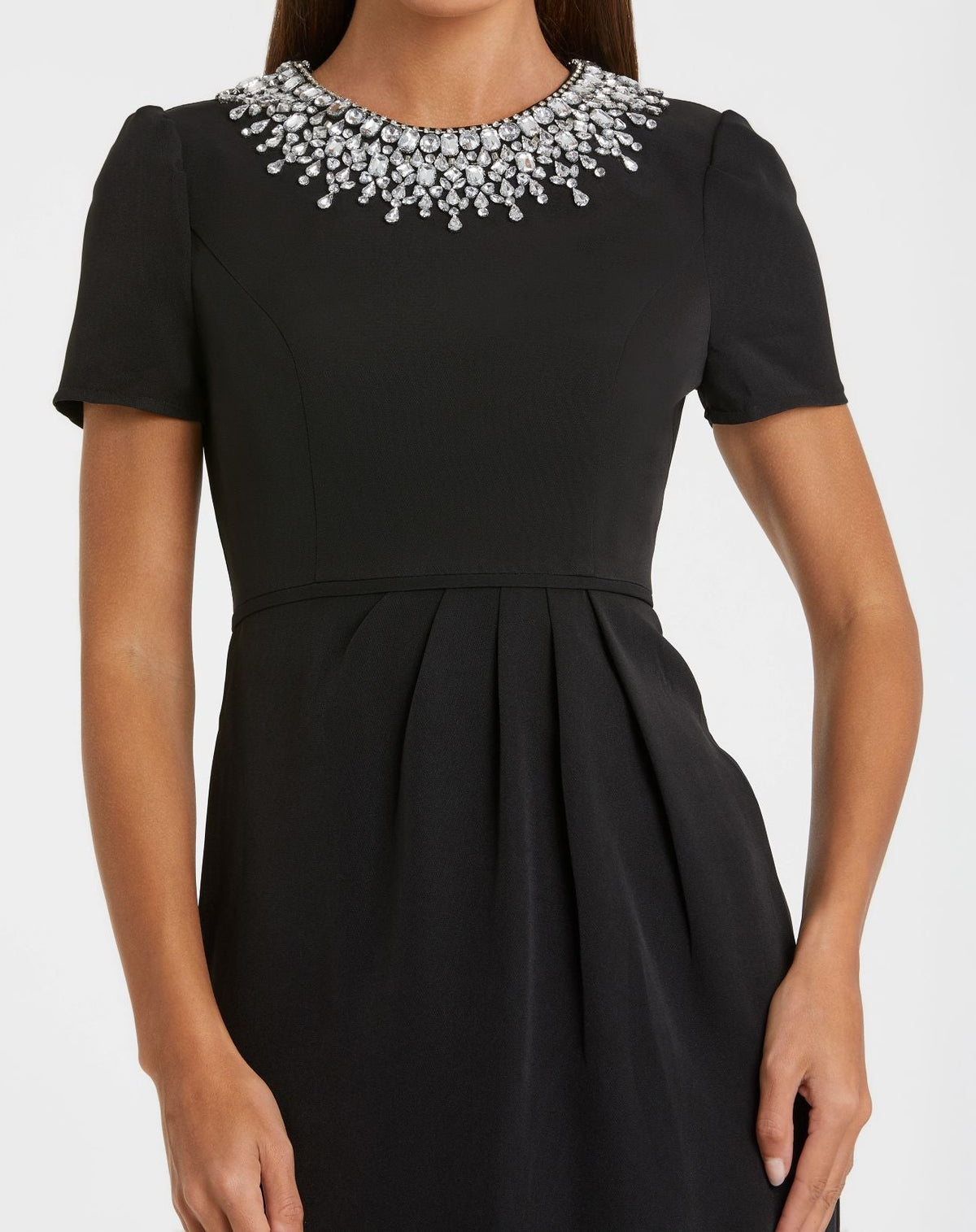 Mac Duggal Petite Black Short Sleeve Rhinestone Neckline Midi Dress