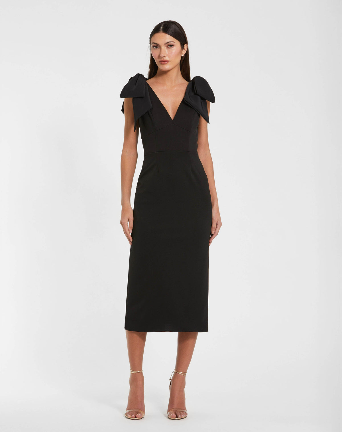 Mac Duggal Petite Black Sleeveless Crepe Midi Dress With Bow Straps