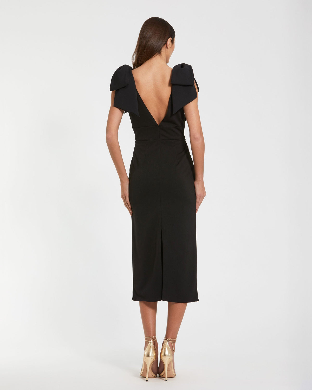 Mac Duggal Petite Black Sleeveless Crepe Midi Dress With Bow Straps