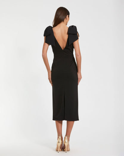 Mac Duggal Petite Black Sleeveless Crepe Midi Dress With Bow Straps