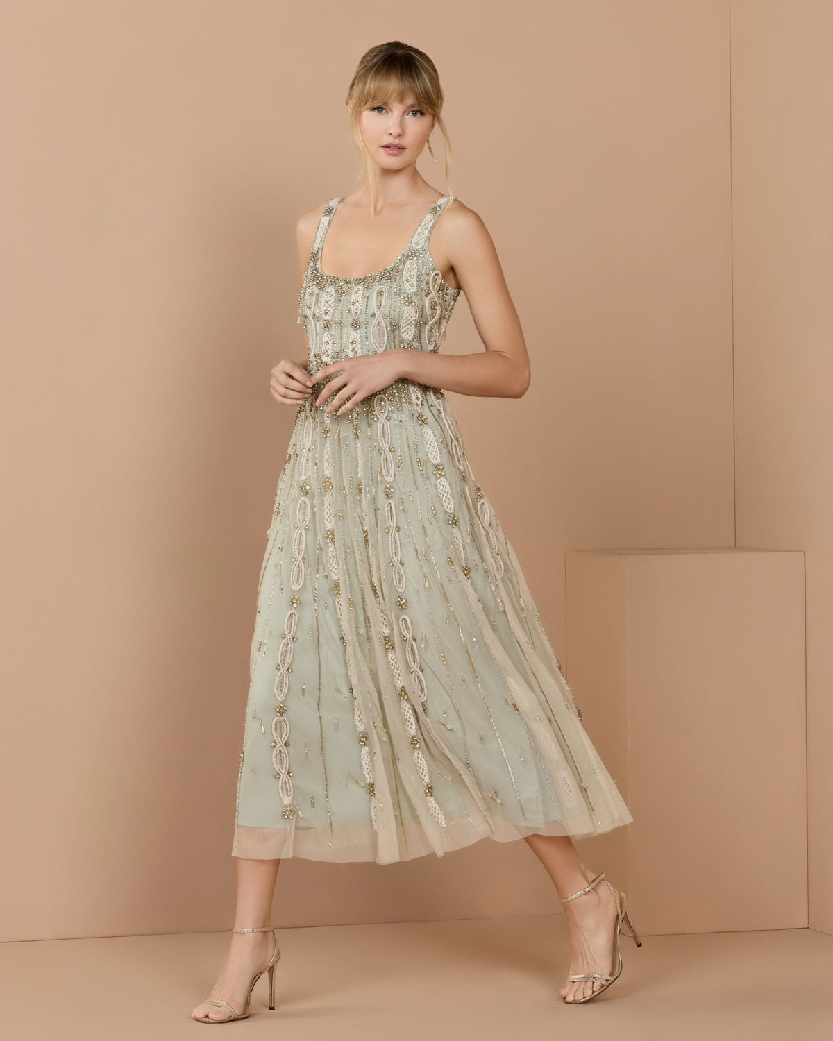 Mac Duggal Petite Green Sleeveless Scoop Neck Embellished Midi Dress