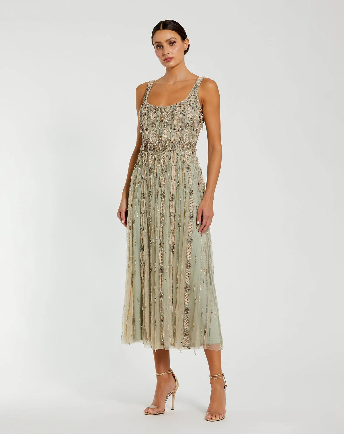Mac Duggal Petite Green Sleeveless Scoop Neck Embellished Midi Dress