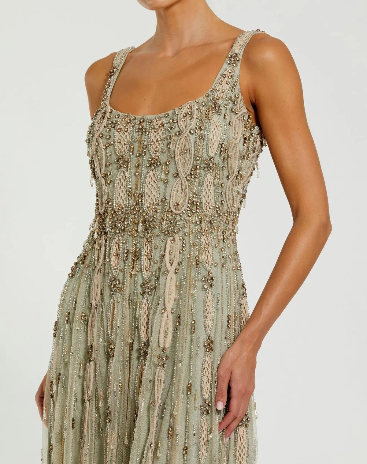 Mac Duggal Petite Green Sleeveless Scoop Neck Embellished Midi Dress