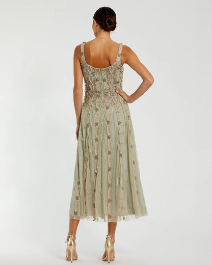 Mac Duggal Petite Green Sleeveless Scoop Neck Embellished Midi Dress