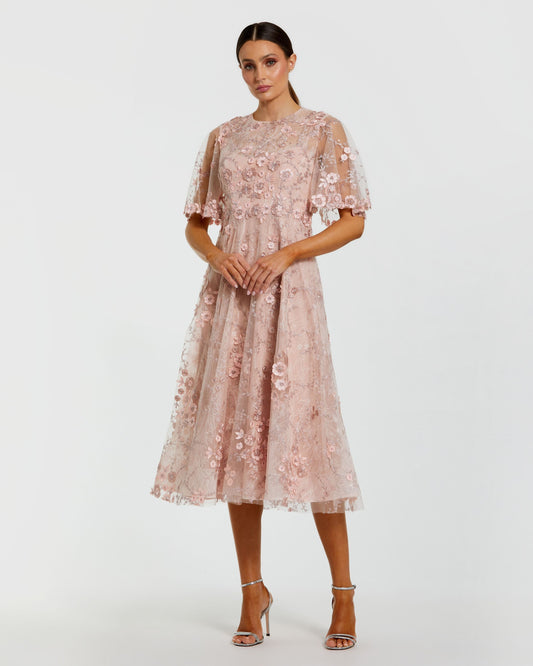 Mac Duggal Petite Pink Flutter Sleeve Embroidered Midi Dress