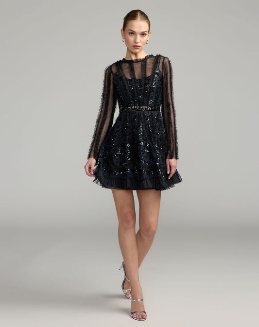 Mac Duggal Black Long Sleeve Sequin Ruffle Mini Dress