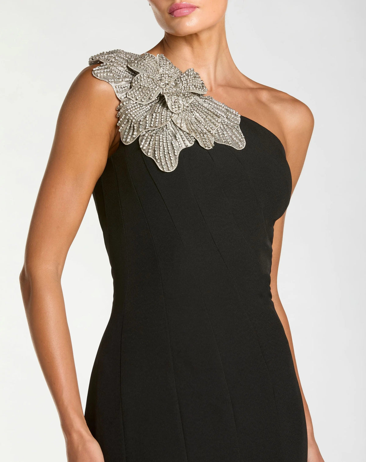 Mac Duggal Petite Black Crepe One Shoulder Midi Dress With 3D Flower