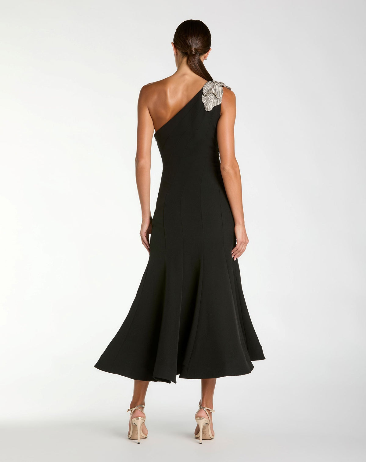 Mac Duggal Petite Black Crepe One Shoulder Midi Dress With 3D Flower