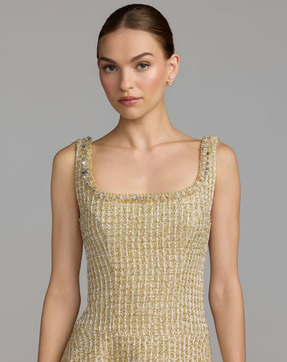 Mac Duggal Gold Boucle Embellished A-Line Mini Dress