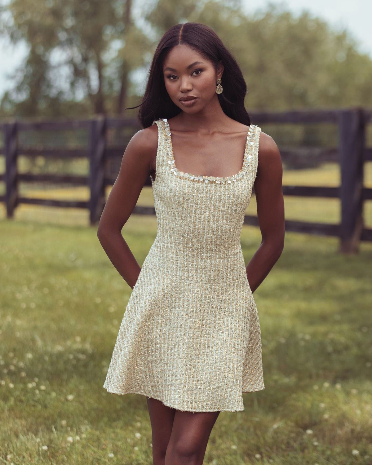 Mac Duggal Gold Boucle Embellished A-Line Mini Dress