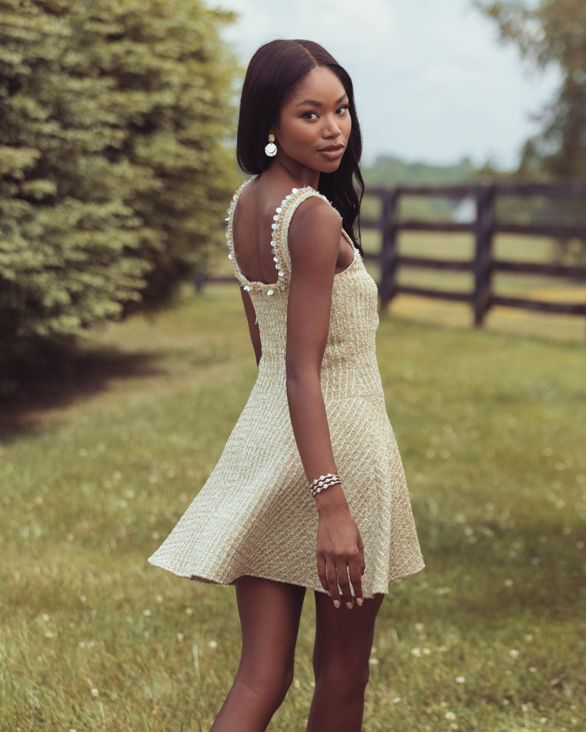 Mac Duggal Gold Boucle Embellished A-Line Mini Dress