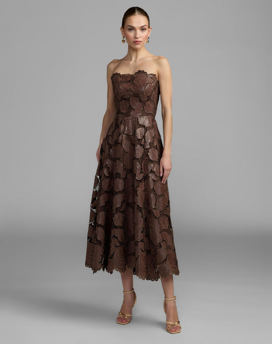 Mac Duggal Brown Strapless Floral Leather A-Line Midi Dress