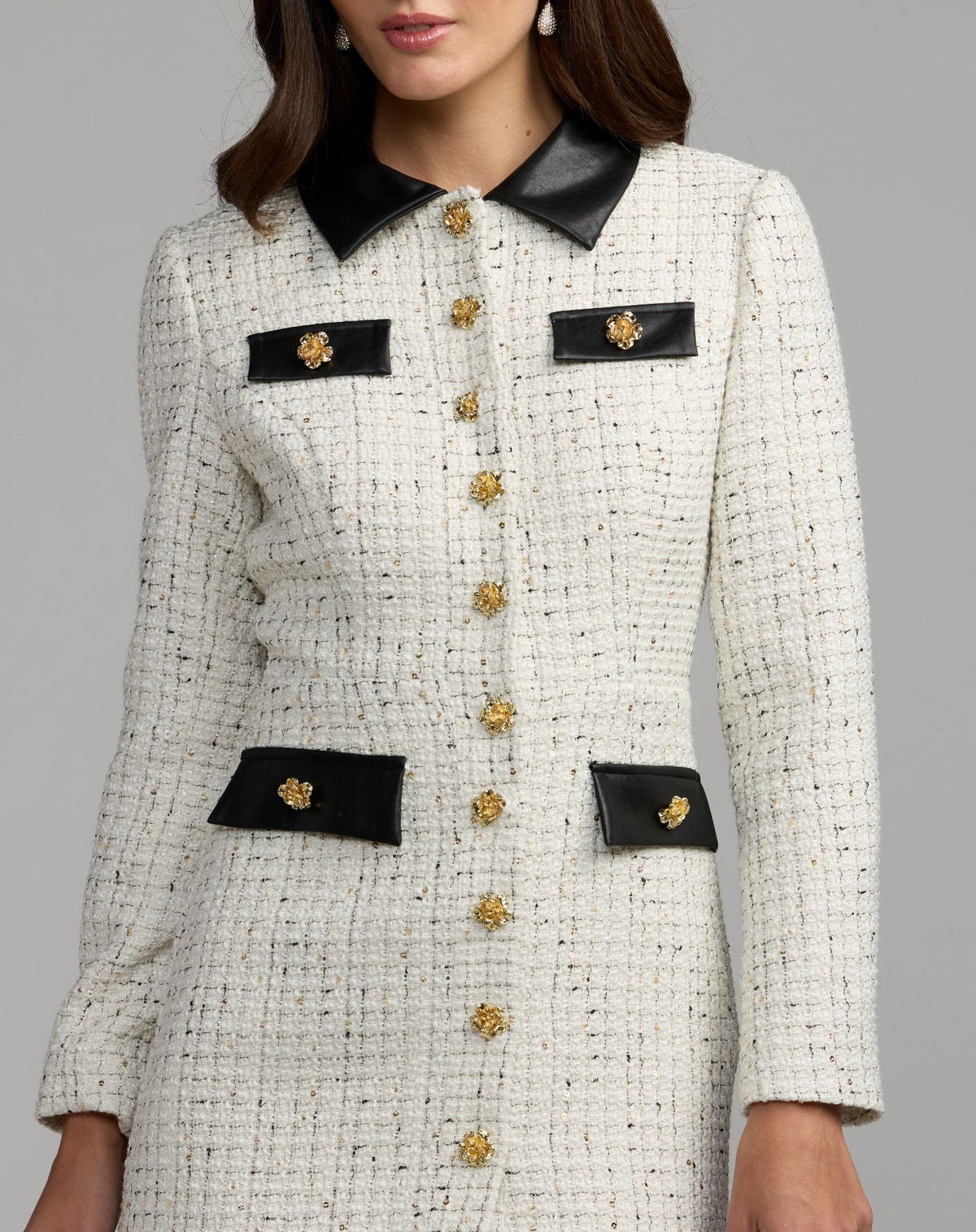 Mac Duggal White Long Sleeve Button Up Collared Mini Dress