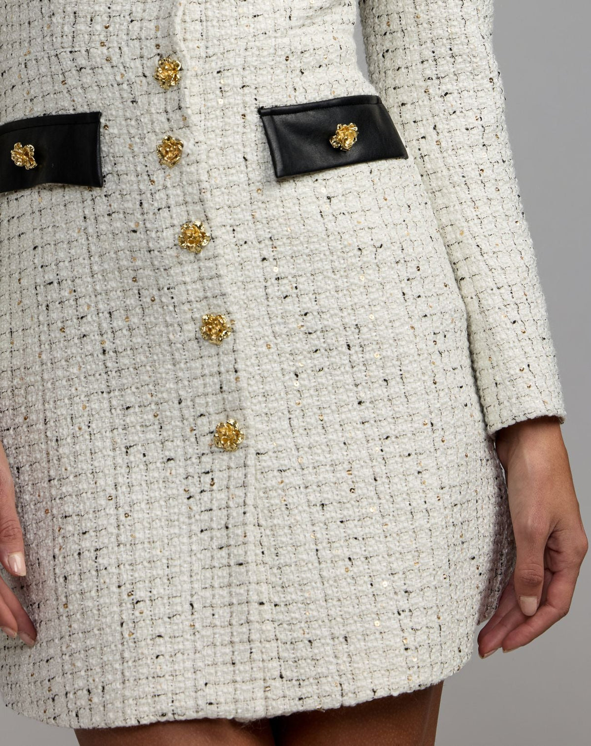 Mac Duggal White Long Sleeve Button Up Collared Mini Dress