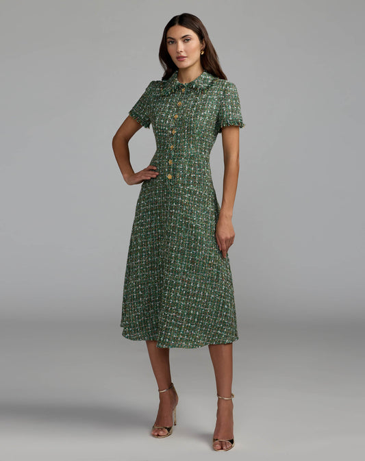 Mac Duggal Green Boucle Short Sleeve Button Up Midi Dress
