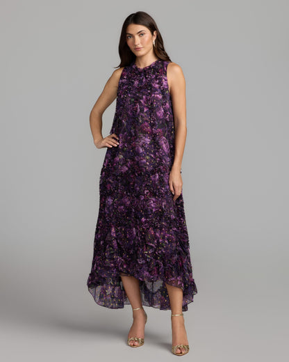 Mac Duggal Purple Sleeveless Floral Micro Ruffle Trapeze Midi Dress