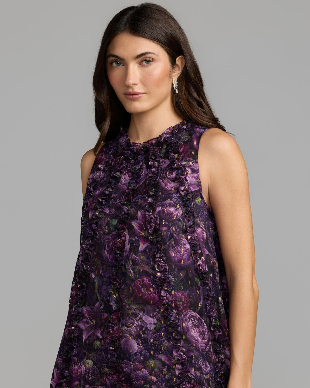 Mac Duggal Purple Sleeveless Floral Micro Ruffle Trapeze Midi Dress
