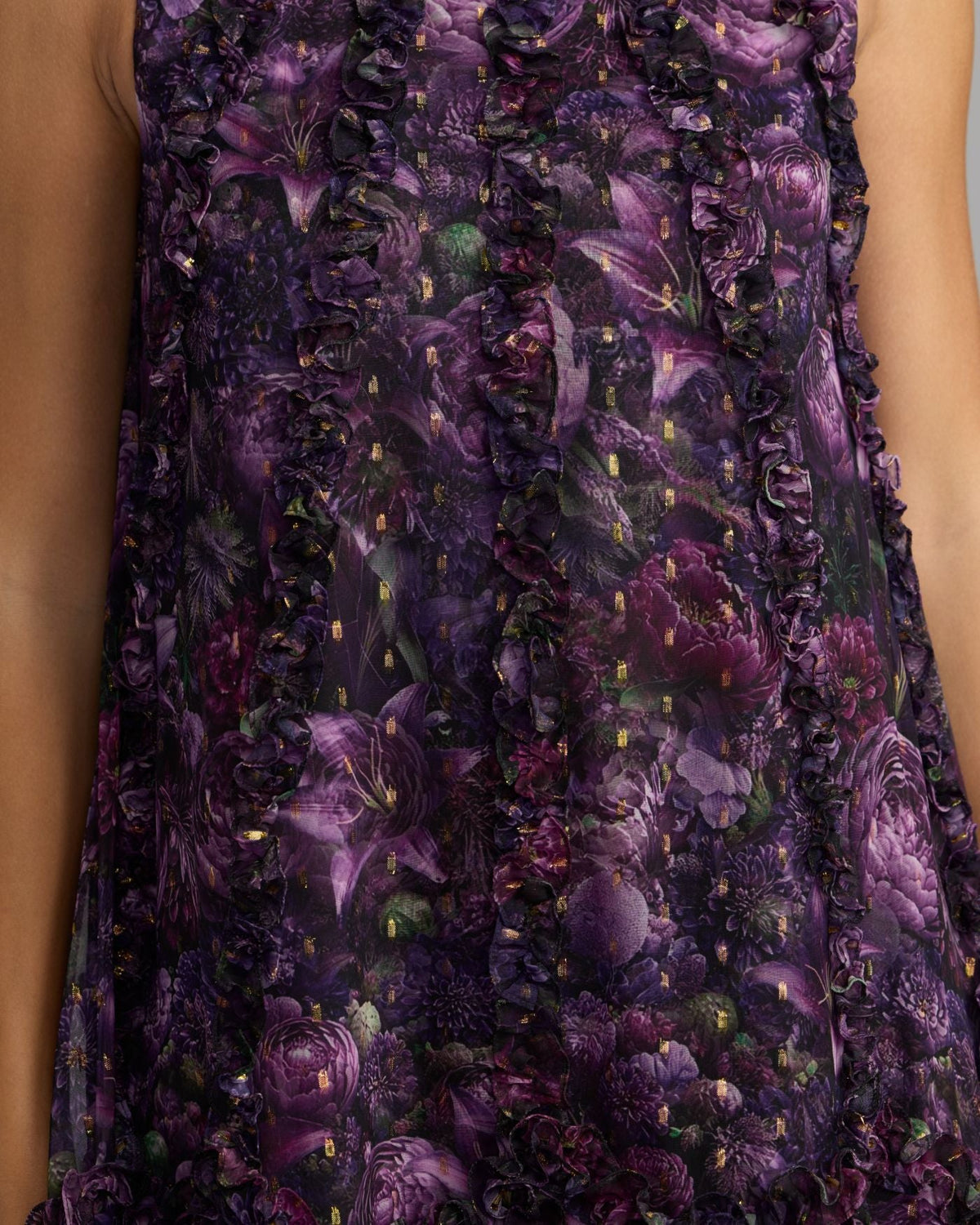 Mac Duggal Purple Sleeveless Floral Micro Ruffle Trapeze Midi Dress