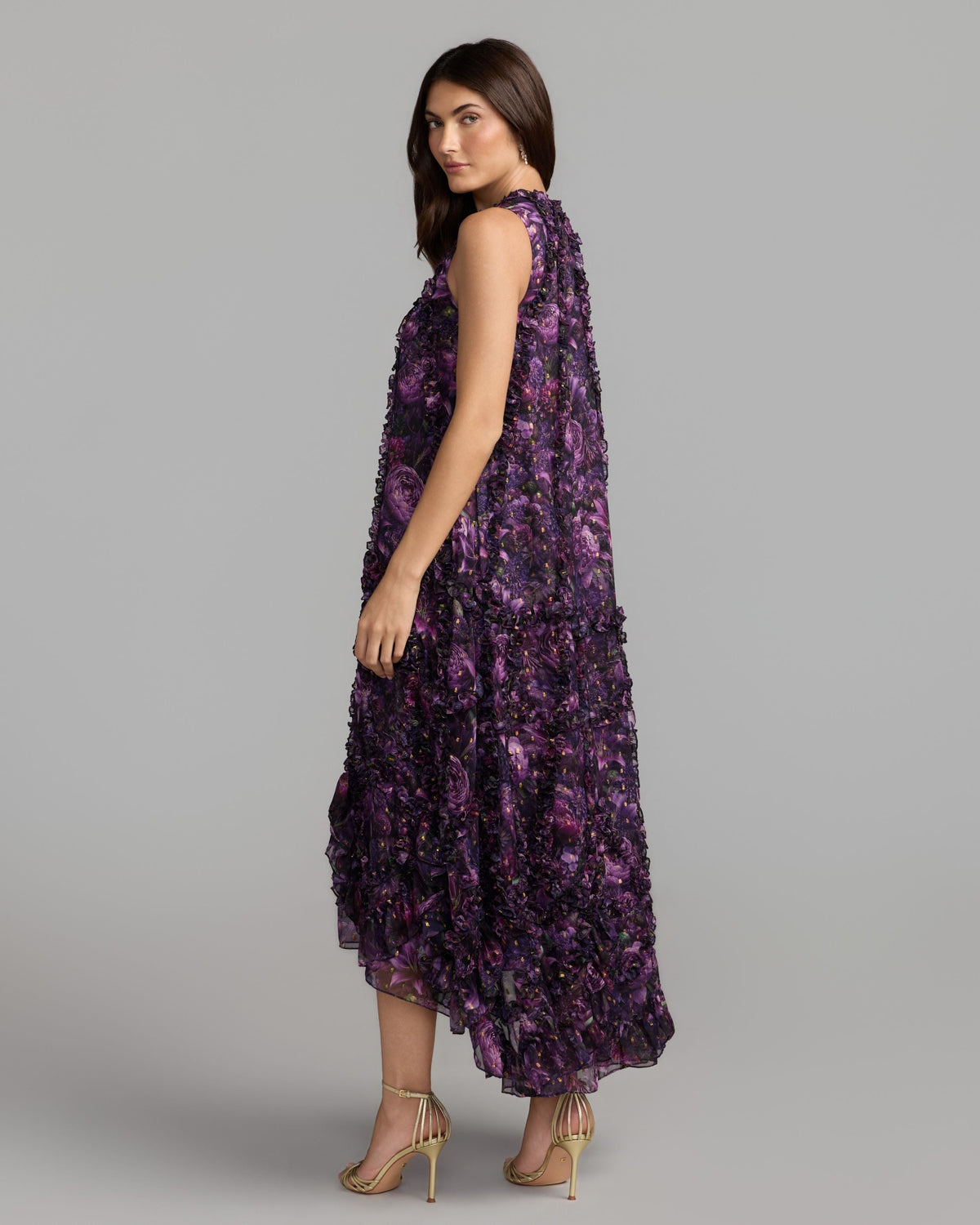 Mac Duggal Purple Sleeveless Floral Micro Ruffle Trapeze Midi Dress