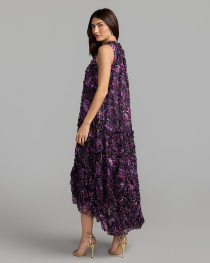 Mac Duggal Purple Sleeveless Floral Micro Ruffle Trapeze Midi Dress