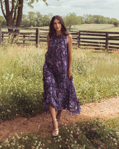 Mac Duggal Purple Sleeveless Floral Micro Ruffle Trapeze Midi Dress
