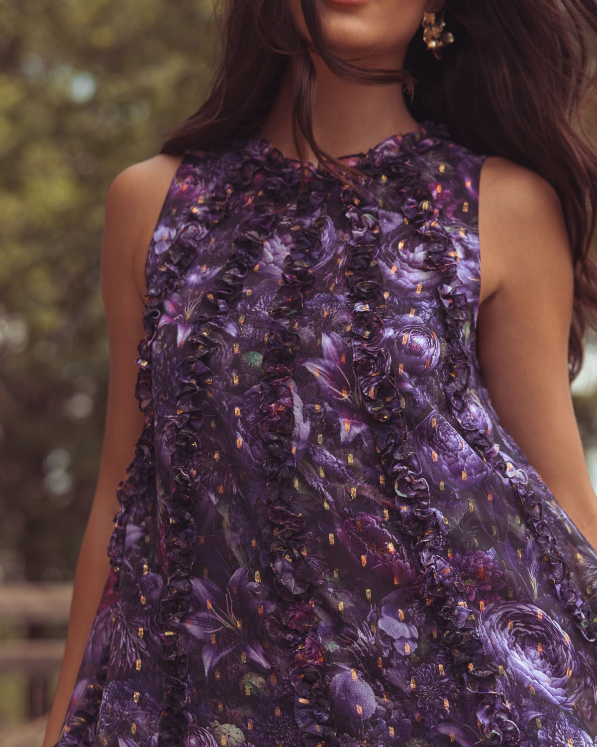 Mac Duggal Purple Sleeveless Floral Micro Ruffle Trapeze Midi Dress