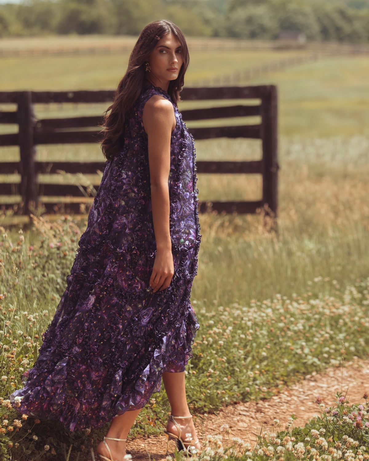 Mac Duggal Purple Sleeveless Floral Micro Ruffle Trapeze Midi Dress