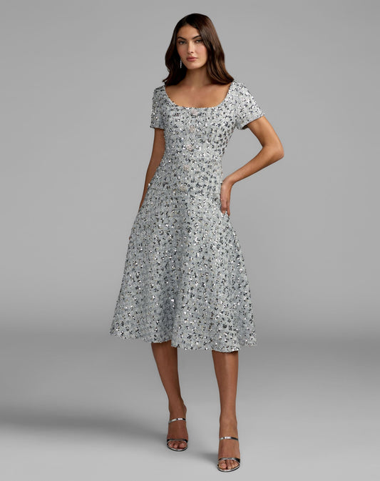 Mac Duggal Silver Sequin Button Up Boucle Midi Dress
