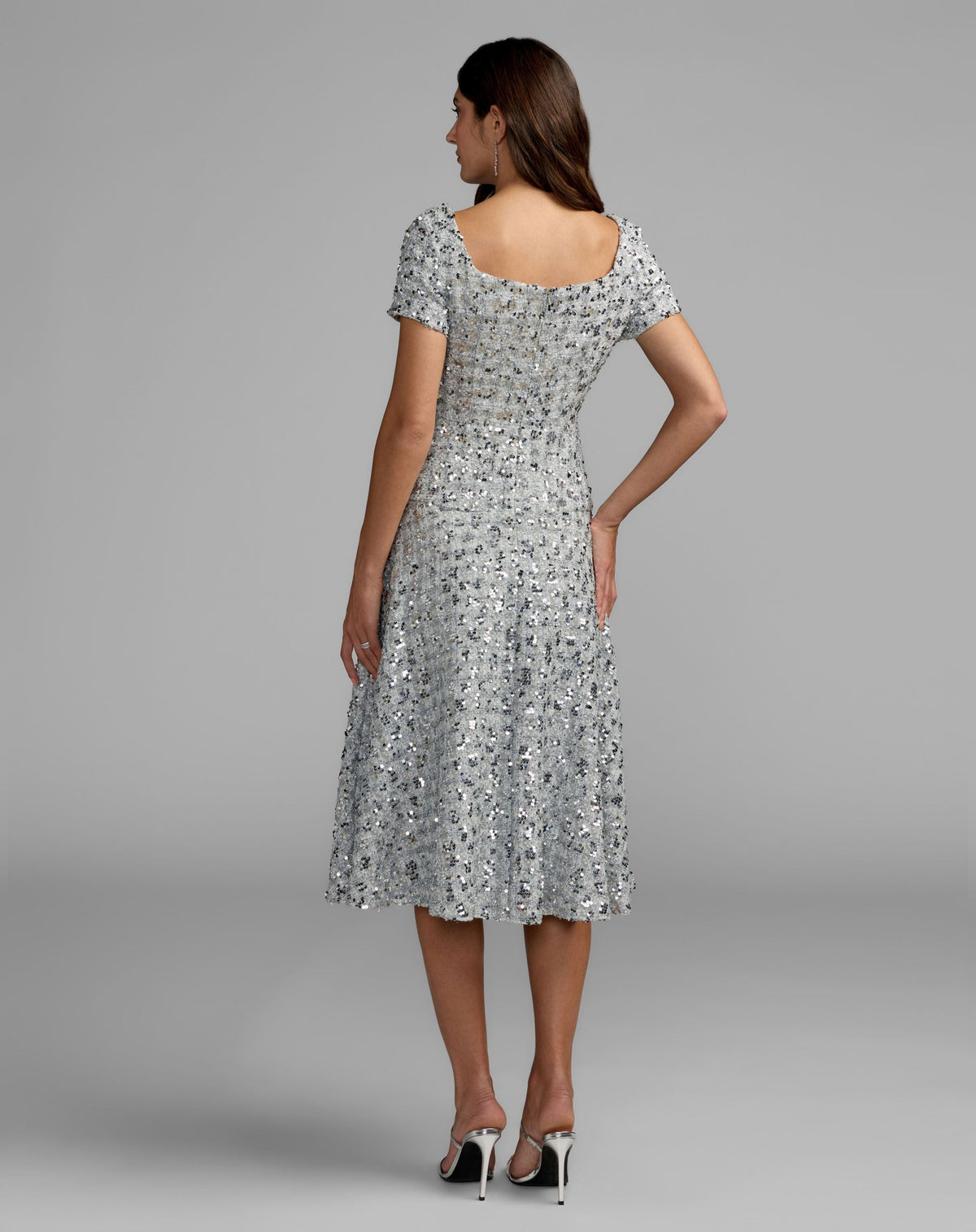 Mac Duggal Silver Sequin Button Up Boucle Midi Dress