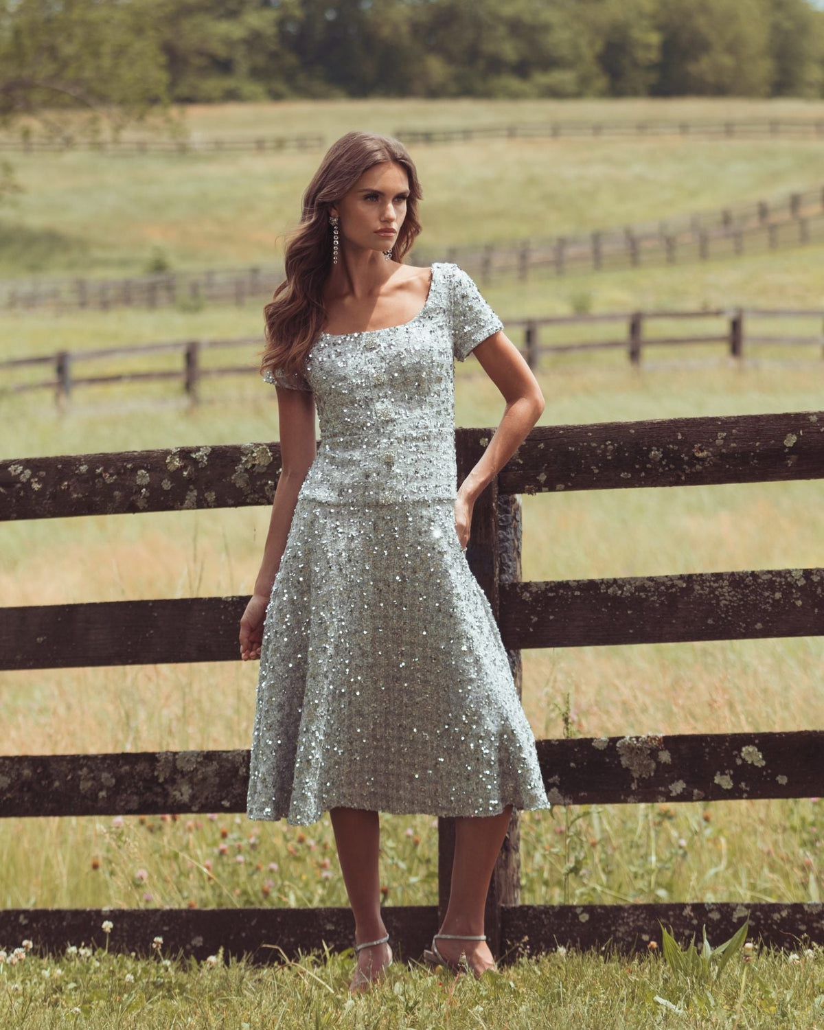 Mac Duggal Silver Sequin Button Up Boucle Midi Dress