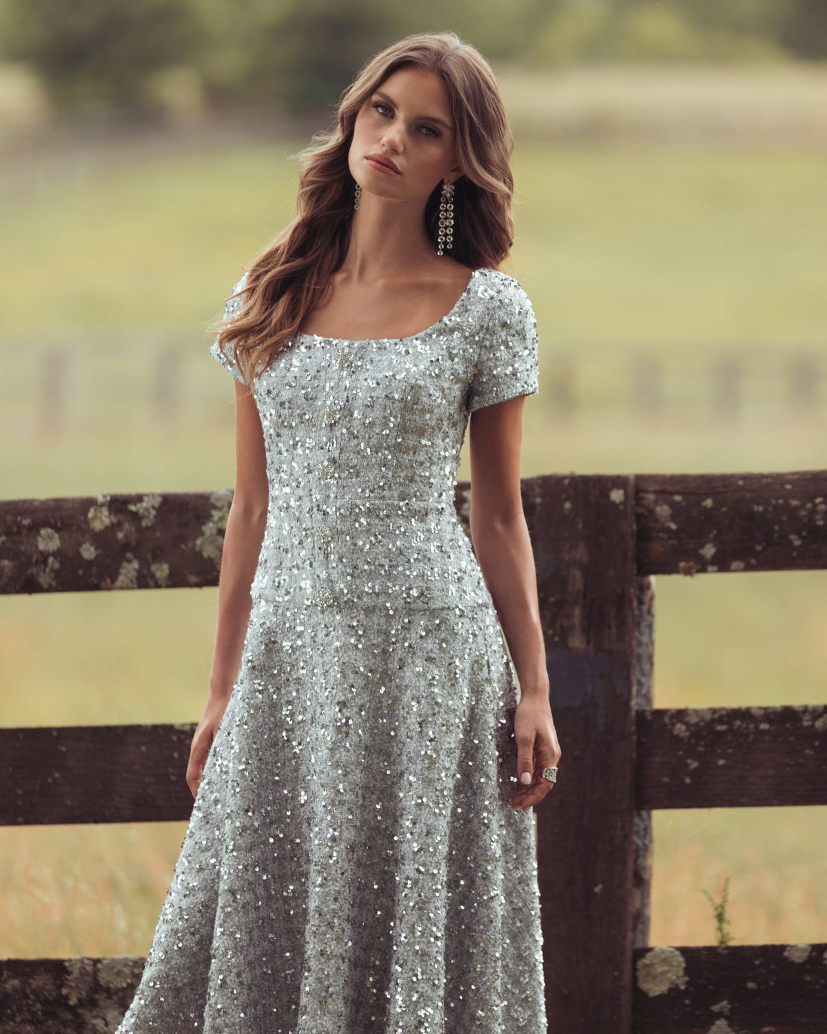 Mac Duggal Silver Sequin Button Up Boucle Midi Dress
